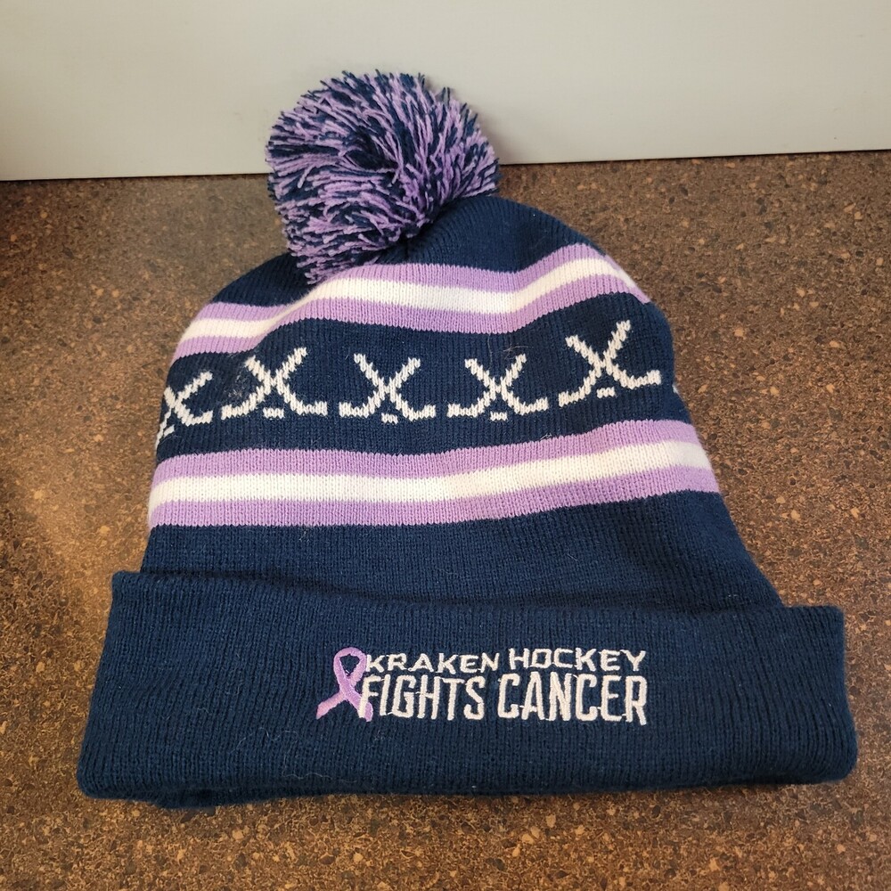 Seattle Kraken Hockey Fights Cancer Beanie Hat Womens Navy Night Pom Cuffed Cap